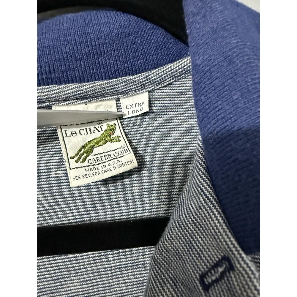 Vtg Men Polo Shirt XL Tall‎ Blue Striped Logo Le Chat USA 80s Preppy Old Money